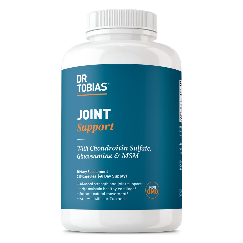 Dr. Tobias Joint Support Supplement med Glucosamine Chondroitin MSM, støtter sammenkoblingsvev, funksjon & flytbarhet, ekstra styrke felles kosttilskudd for menn og kvinner, 240 kapsler