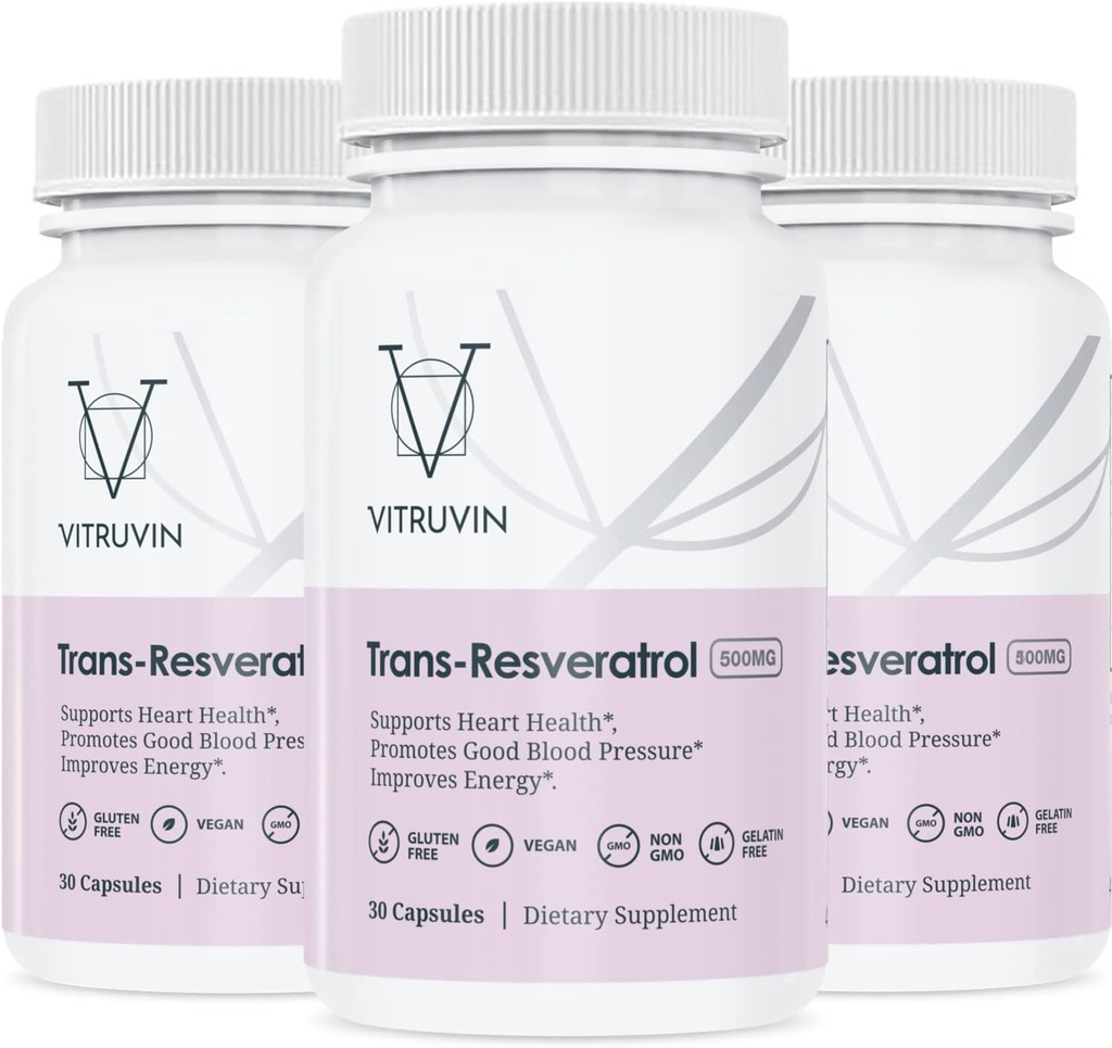 Vitruvin Trans-Resveratrol 500 mg, 3 flasker Pack, Vegan, Ikke-GMO, Glutenfri, Gelatin-fri.