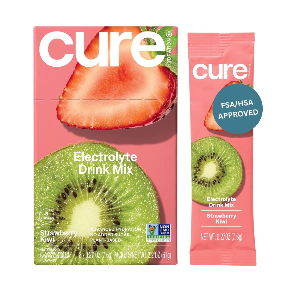 Cure Hydration | Plant-basert elektrolyt drikk blanding | Ingen tilsatt sukker | Dehydrering Relief pulver laget med kokosvann | Ikke-GMO | Vegansk | Box med 8 pakker - Strawberry Kiwi
