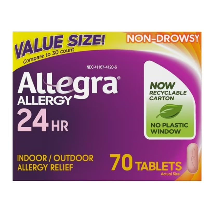Allegra voksen 24 timers allergitabletter, 180Mg, merkbar relief i 1 time, (70 greve )