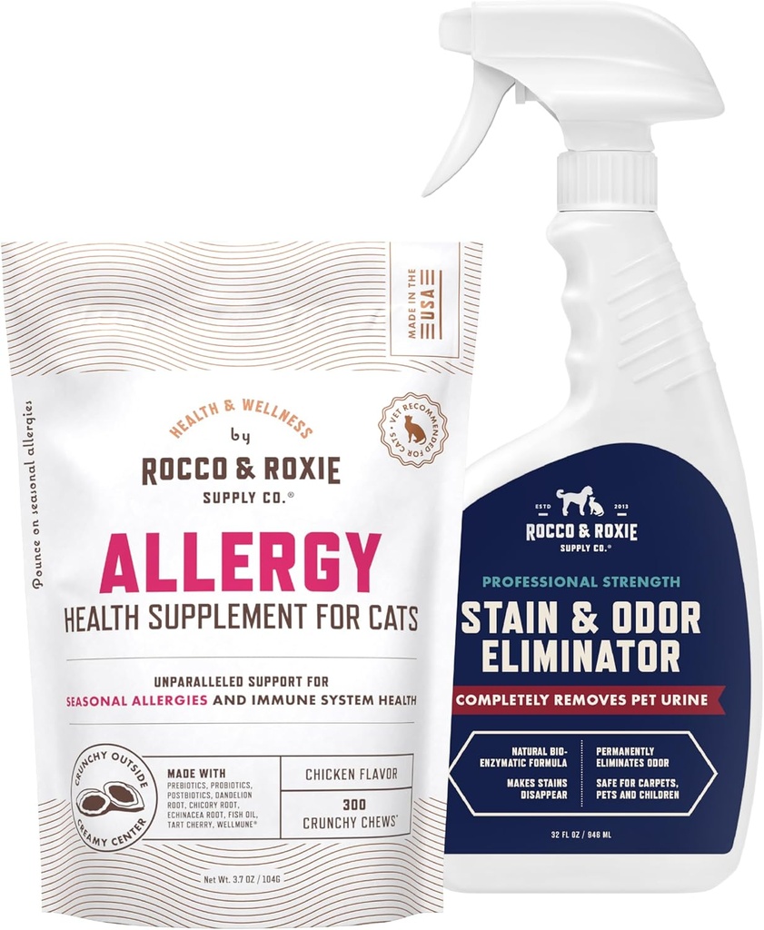 Rocco & Roxie Cat Allergi Supplement & Stain & Odor Eliminator Bundle