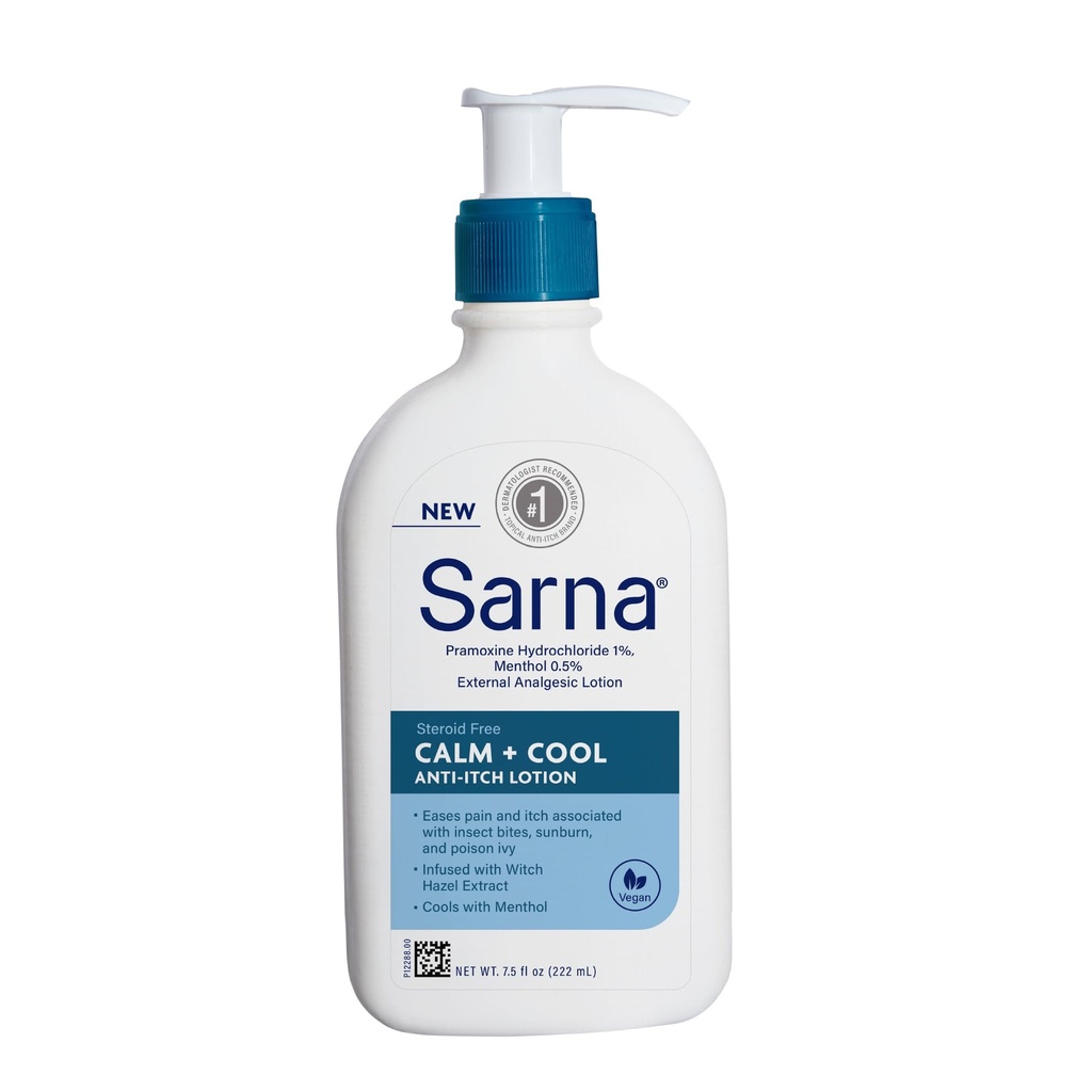 Sarna Calm + Cool Anti-Itch Lotion, Soothe og lindre smerte og kløe fra Insect Bites, Sunburn, & Poison Ivy, inneholder 1% Pramoxin hydroklorid, 0,5% Menthol, Vegan, Steroid-fri, 7,5 oz