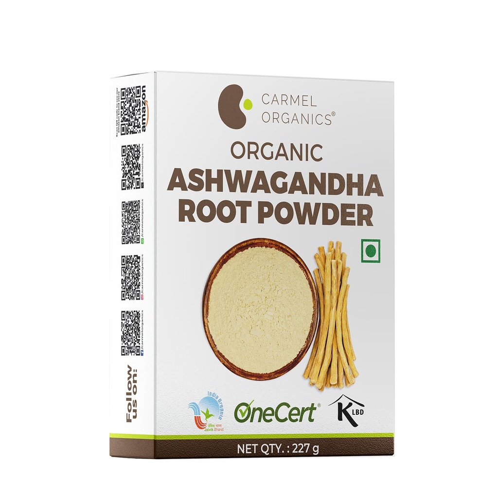CARMEL ORGANICS Organic Ashwagandha Root Powder (8 Oz eller 227 g/0,5 Lbs) USDA-sertifisert. Lab Testet, Ikke GMO & Glutenfri | Withania Somnifera fra India