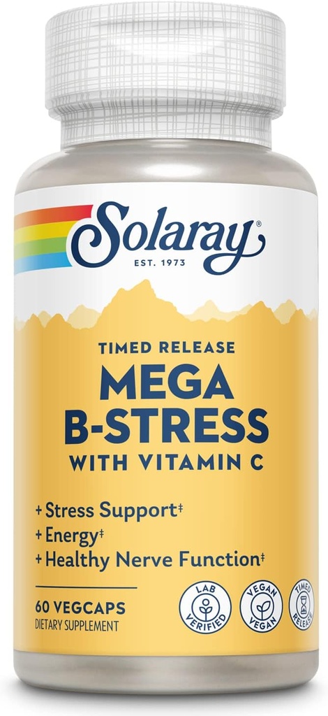 SOLARAY Mega-vitamin B-stress, tidsbelagt vitamin B-kompleks med 1000 mg vitamin C for stress, energi, rød blodcelle og immunstøtte, 60 dagers garanti, vegan, 20 serveringer, 60 Vegkaps