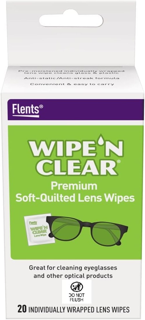 Flens Lens Wipes, Tørke 'N Clear, 20 greve, Før-Moisted, Streak-Free, Safe for Briller, Anti-Fog, Gentle Cleaning, Clear Vision, Individuelt omgitt for reise og konvensjon, laget i USA