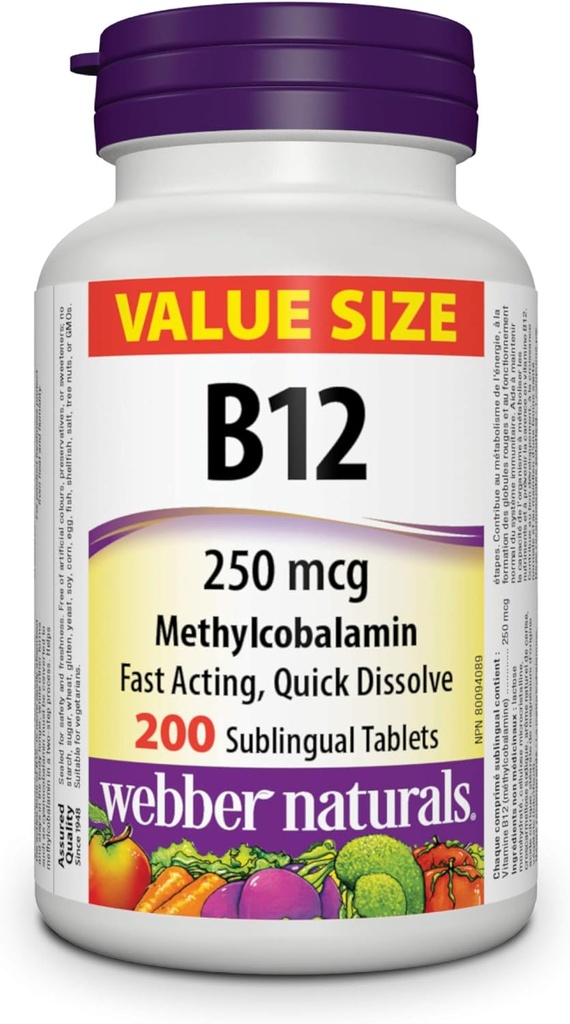 Webber Naturals Vitamin B12 250 mhg Metylkobalamin, 200 Sublingual Tabletter