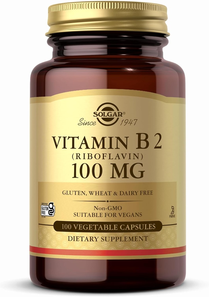 Solgar Vitamin B2 (Riboflavin) 100mg - 100 Grønnsaker Kapsler - Ikke-GMO, Vegansk, Glutenfri, Dairy Free, Kosher - 100 Serverer