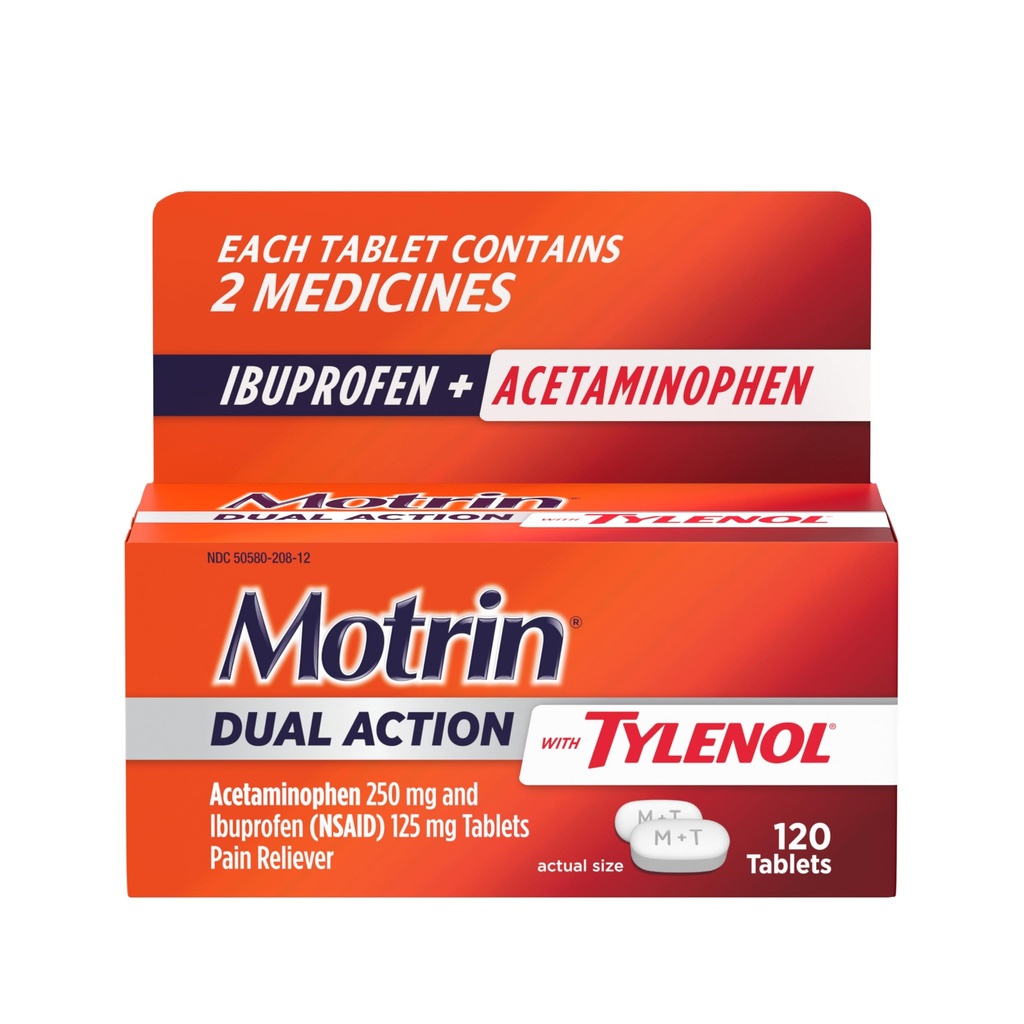 Motrin Dual Action med Tylenol, Ibuprofen og Acetaminophen Fast-Action Dual Action Pain Reliever for mindre smerter og smerter, Ibuprofen (NSAID) 125 mg & Acetaminophen 250 mg, 120 ct