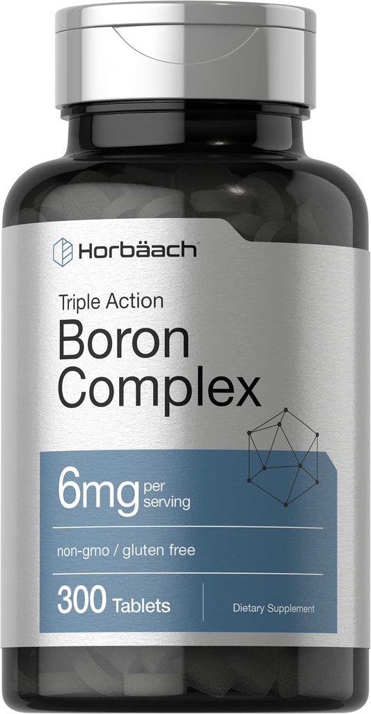 Horbäach Triple Bor Complex 6 mg Supplement | 300 Tabletter | For menn og kvinner | vegetarisk, ikke-GMO & Glutenfri | Triple Action Bor Citrate, Bor Glyn, Bor Asparat