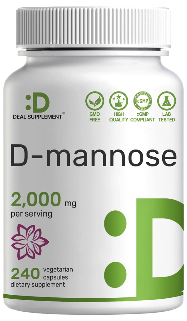 DEAL Forsyning D Mannose 500mg Kapsler (2.000mg Per Serving), 240 Veggie Piller – Fastvirkende Vannløselig Form – Ekstra styrke Urintrakt (UTI) Helsestøtte – Ikke-GMO, Vegansk Vennlig