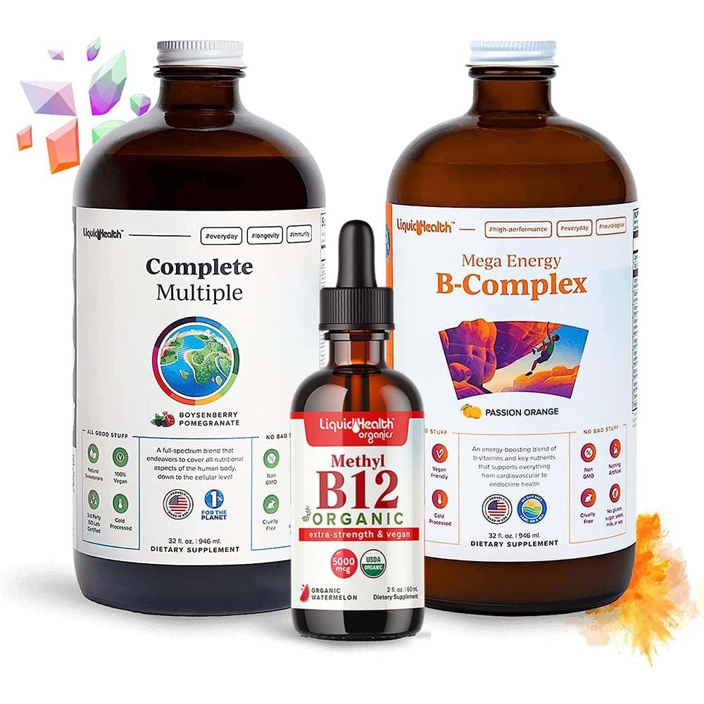 LIQUIDHEALTH høy ytelse vitamin Bundle for voksne med Mega Energy B-Complex, Complete Multiple Multivitamin & Organic vitamin B12 Drops - Økt naturlig energi og forbedre Atletisk ytelse