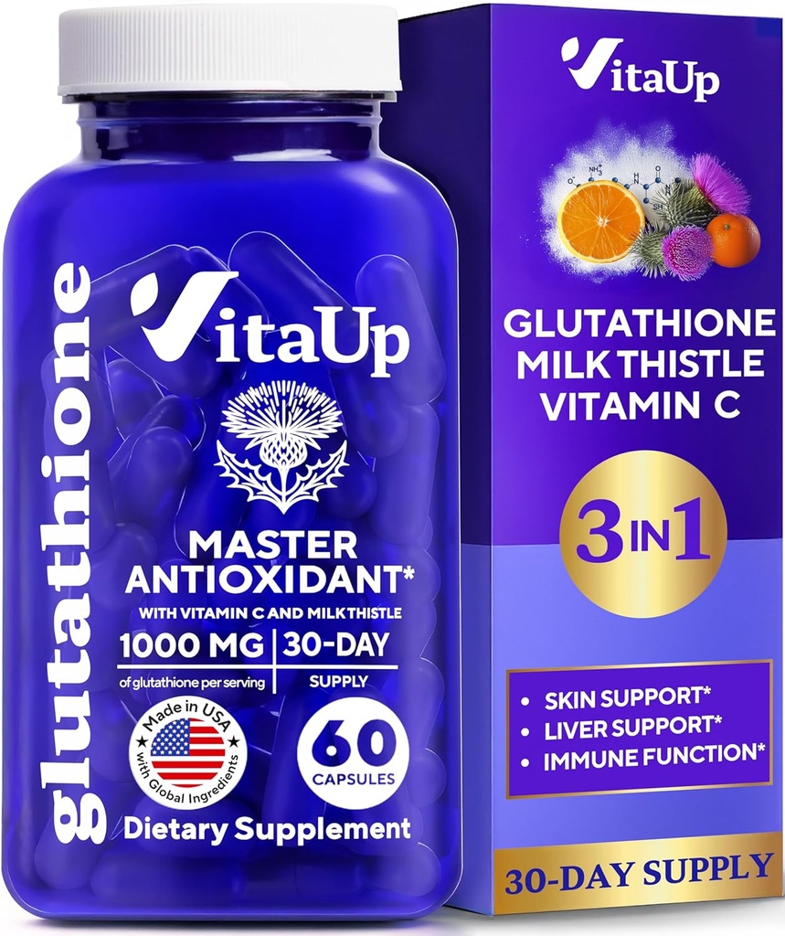 Redusert Glutathione Supplement 1000mg - USA laget glutathione Kapsler med vitamin C & Melk Thistle for Liver Care, Hud støtte og immun Well-Being - 60 greve