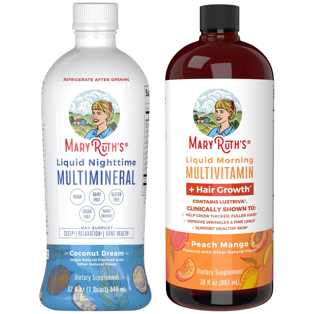 MaryRuths nattetid Multimineral (Coconut, 32oz) & flervitamin væske + hårvekst (Peach Mango, 30oz)
