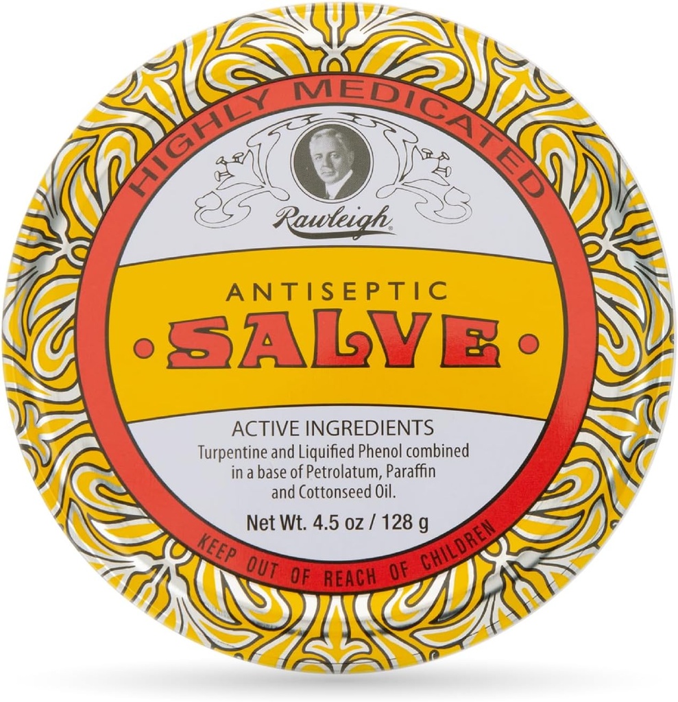 Rawleigh Antiseptisk Salve Iconic Yellow Big Tin: 4.5 oz, Naturlig, Multi-Purpose Ointment Soothes Skin Cuts, Bruises, Irritasjoner, med Turpentine, Phenol, bomullsfrøolje, Original Formula - Pakke med 1