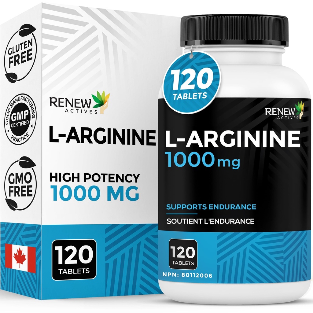 Forny Actives L-Arginine Supplement 1000MG for servering - styrke og utholdenhet, essensielt for proteinsyntese & muskelfunksjon, fysisk ytelse Booster - laget i Canada - 120 tabletter