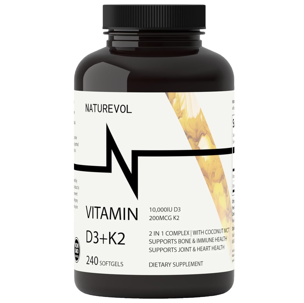 Vitamin D3 + K2 med kokosolje - D3 10.000 IU & K2 (MK-7) 200mg | 2-i-1 høy styrke støtte for bein og immun helse | lett å svelge | Ikke-GMO, Gluten og soya gratis - 240 Softgels
