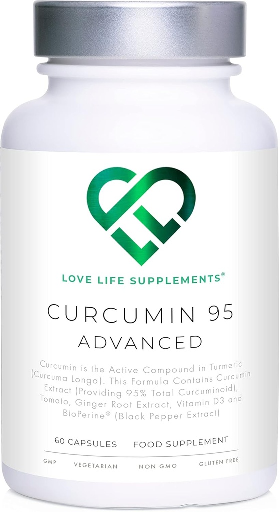 Curcumin 95 Advanced, 60 kapsler, høy styrke Curcumin (Den aktive komponenten av gurkemeie) med 95% Curcuminoids + BioPerine® (svart pepperekstrakt), vitamin D, tomat og Ginger Root, GMP godkjent