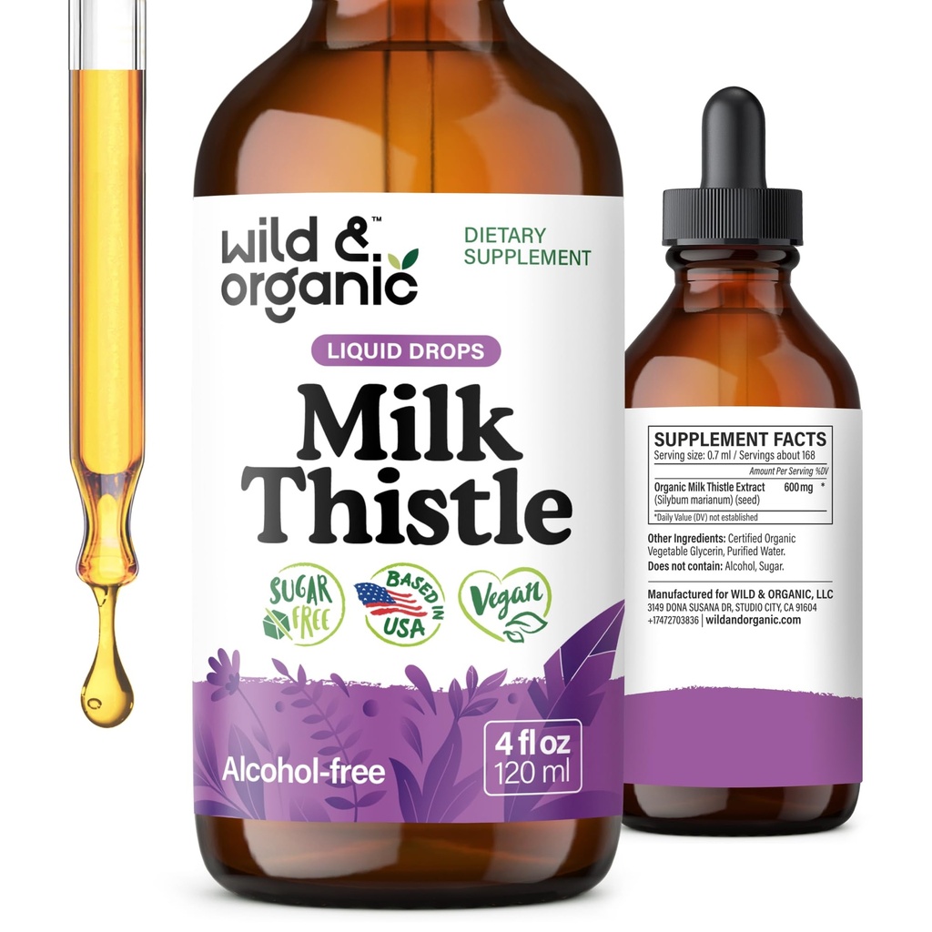 Wild & Organic Milk Thistle flytende dråper - Liver Cleanse Detox - Silymarin Melke Thistle Supplement for Liver Support - Legg til i te - Silybum Marianum Seed Extract Tinktur - Sukker & alkohol-fri - 4 oz