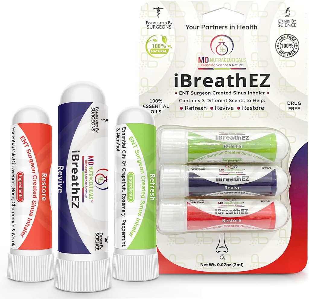 iBreathEZ Nasal Sinus Inhaler Kit Formulert av ENT-kirurgi med essensielle oljer for energi, stress, decongesting og kaldt eller allergi relief (3 pakke)