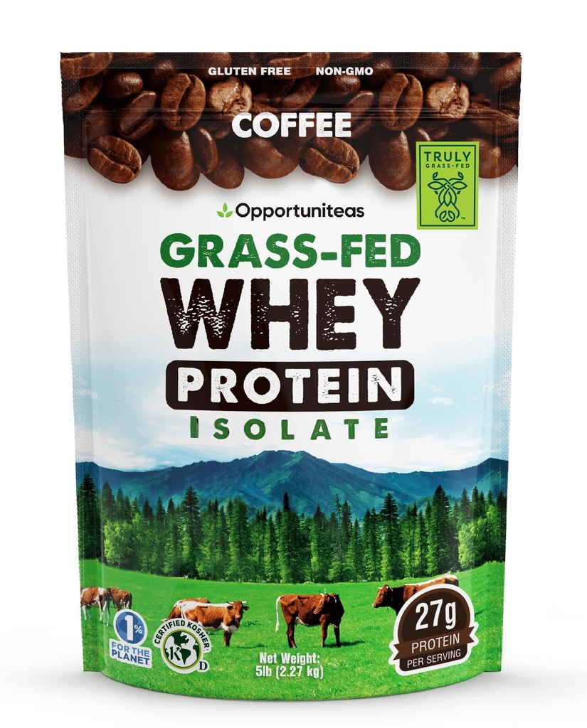 Opportuniteas Grass Fed Coffee Whey Protein Isolate pulver - 27g Protein pulver uten kunstige søtningsmidler, 60 mg koffein, hormonfri kuer - 5lb