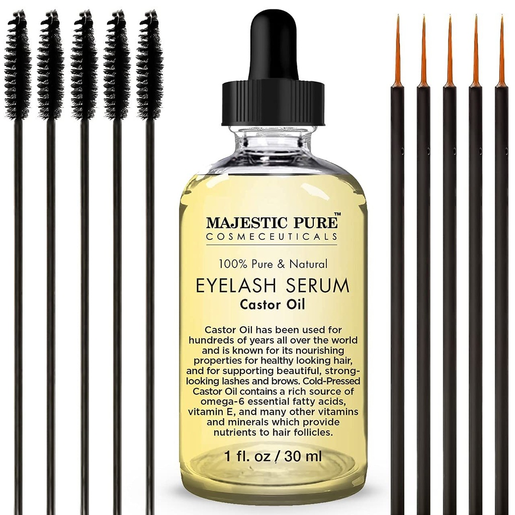 Majestic ren Castor Oil Eyelash Serum - med Apple & Argan Stem Celler - Eyelash Vekst Serum for lengre tykkere øyenvipper, øyenbryn og hår - Gratis sett Mascara Brush & Eyeliner Applikator - 1 fl oz