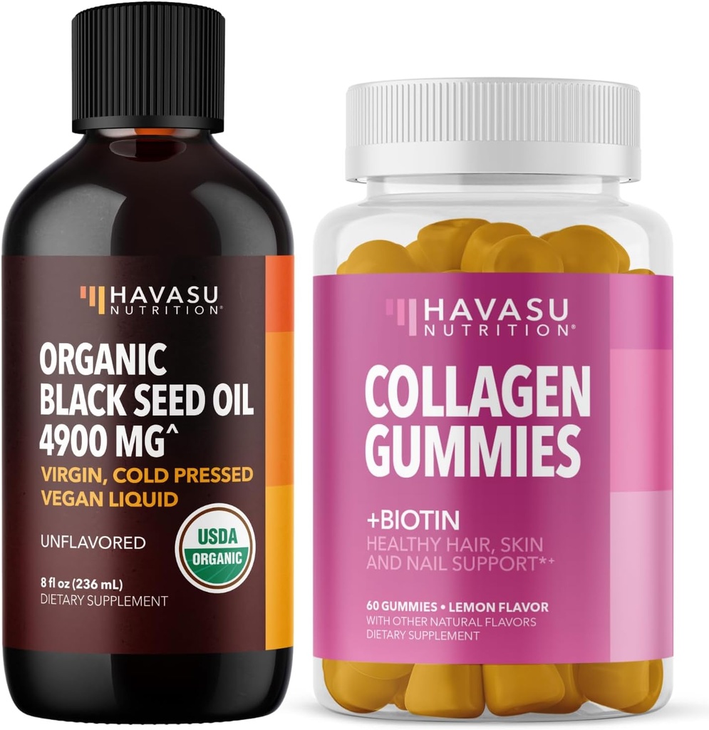 HAVASU NUTRITION Organisk svart frø olje væske + kollagen gummier Bundle