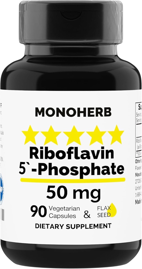MONOHERB Riboflavin 5'-fosfat 50 mg - 90 vegetariske kapsler - Bioaktiv vitamin B2 - laget i USA