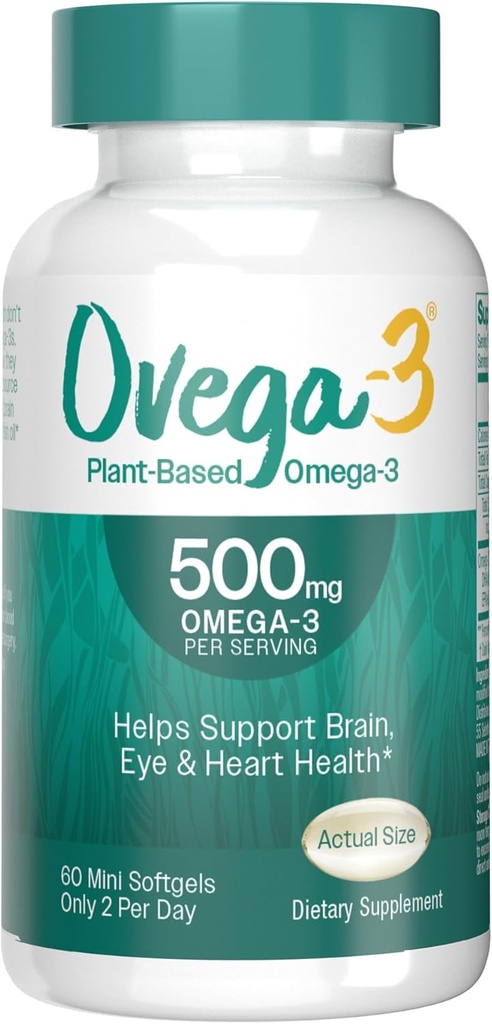 Ovega-3 Plantebasert omega-3 fra Algal olje daglig kosttilskudd, 500 mg, støtter hjernen, øye og hjerte helse, to mini mykegels per dag, 60 greve