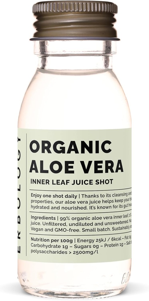 Erbologi Organic Aloe Vera Juice 12 Daglige Shots (2 fl oz) - Immunitetsstøtte og Detox - fra Indre Leaf - Straight from Farm i Spania - Undiluted - Ingen tilsatt sukker - Ikke-GMO - Resirkulerbar glassflaske