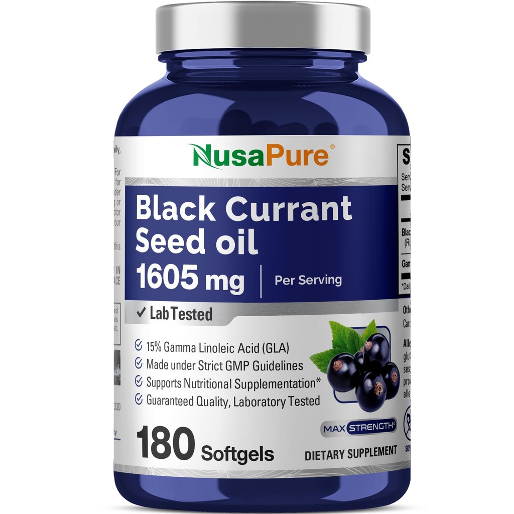 NusaPure Black Currant Seed Oil 1605 mg Gamma Linoleic Acid (GLA) 15% 180 Softgels (Non-GMO, Sojafritt)
