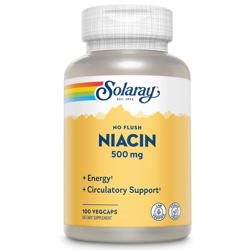 SOLARAY Ingen Flush Niacin 500mg, Flushfri vitamin B3 Niacin, energi og sirkulatorisk systemstøtte, Vegan, Lab Verifisert, 60-dagers pengene-tilbake garanti, 100 serveringer, 100 Vegkaps