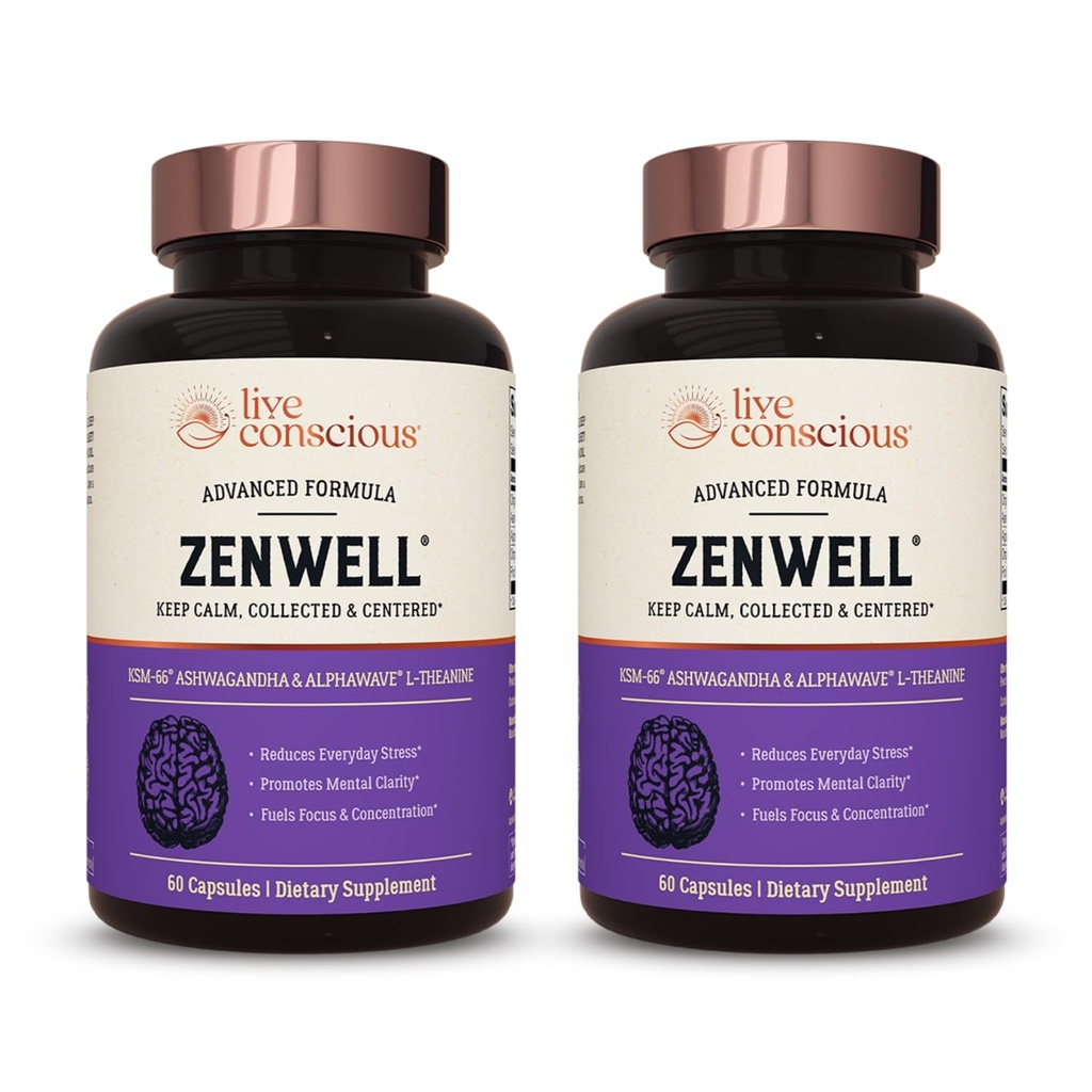 Live bevisst KSM-66 Ashwagandha Supplement m/l Theanine & AlphaWave - ZenWell Hver dag Stress Relief, Kognitiv, Hjerne Helse - Ashwagandha for menn og kvinner - 60 Kapsler (2-Pack)