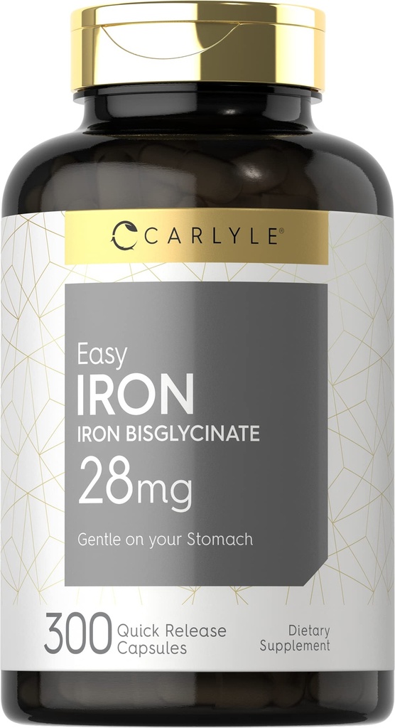 Carlyle Easy Iron Supplement for kvinner og menn | 28 mg | 300 kapsler | som Ferrous Bisglycinate | Ikke-GMO og Glutenfri