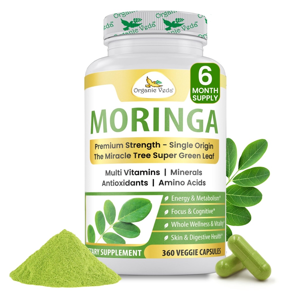 Organic Veda Moringa Leaf pulverkapsler, 1000mg, 360 greve - True Green Native Organic Moringa Oleifera, Premium Styrke Nærende Sense 100% ren blader - energi, søvn og immunitet støtte - Vegan
