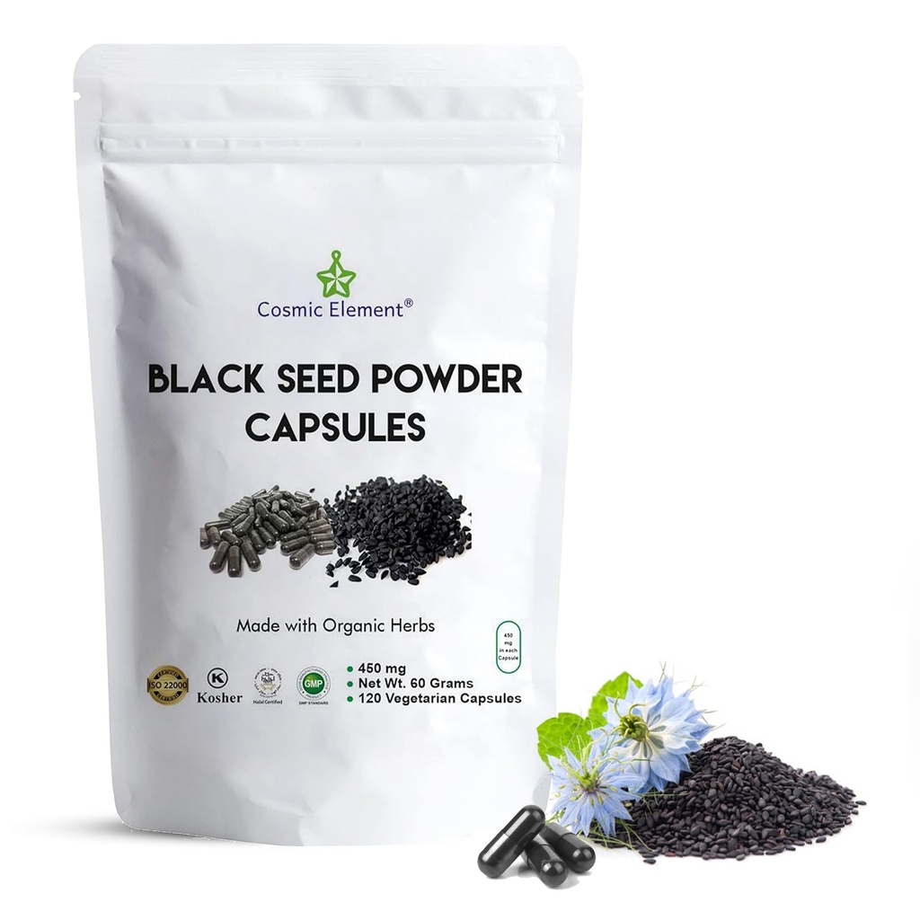 Kosmisk element 100% ren svart frø pulver kapsler organisk - Vegan Nigella Sativa 450mg svart cumin frø per servering for helse - 120 kapsler