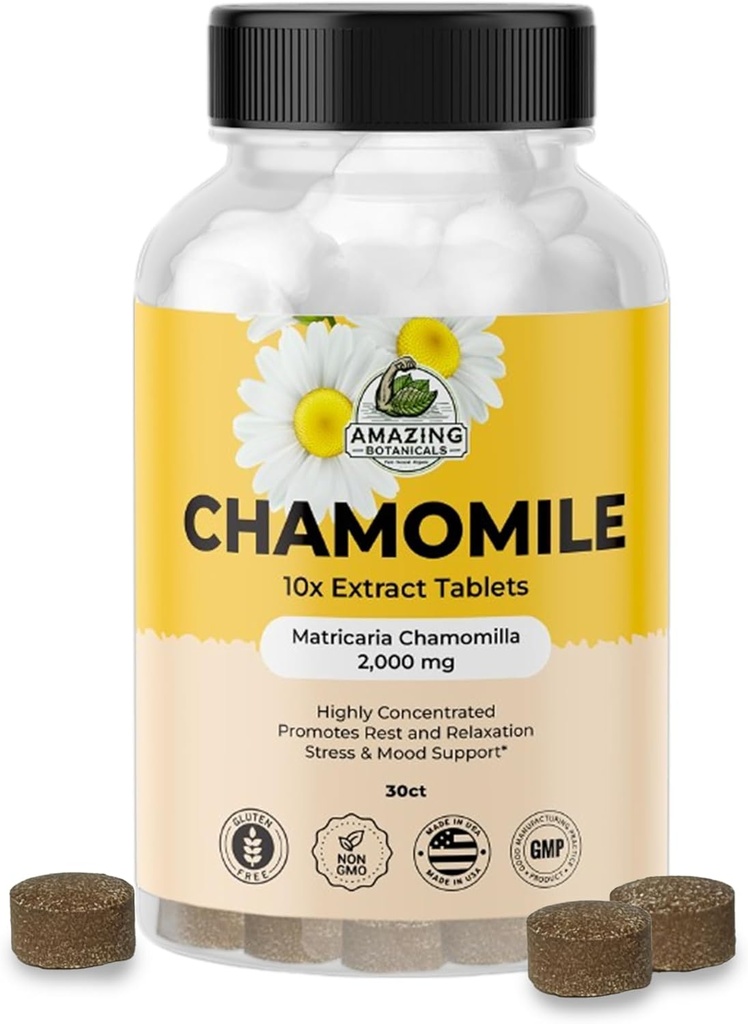Amazing Botaniske organiske kamille ekstrakt tabletter - Matricaria Chamomilla Plantebasert Supplement - 10x Extract 2000 MG Hver - fremmer avslapning - 30 tabletter