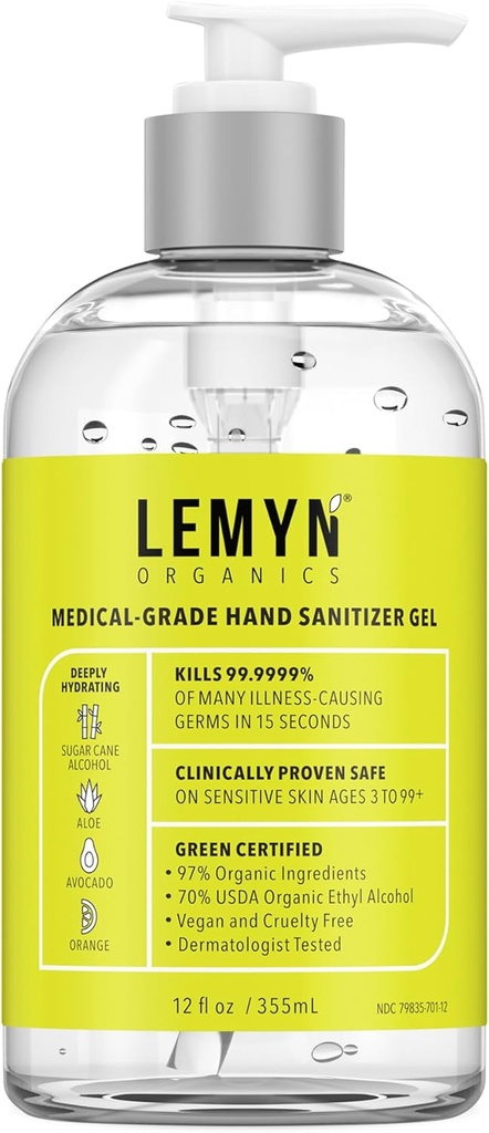 Medisinsk‐Grade hånd sanitizer Gel – 97 % organisk | 70 % USP etyl alkohol | Moisturizing Aloe + Hyaluronsyre | fersk laget i USA | 12oz Flaske med pumpe