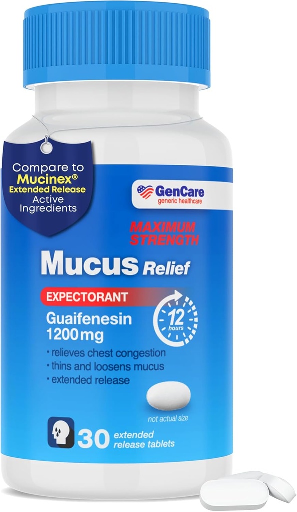 GenCare Mucus Relief 1200 mg Maksimal styrke (30 greve) 1200 mg Guaifenesin Extended-Description Tabletter – Forventet for brystkongestiv Relief for voksne – Sammenlign med maksimal styrke 12 timer