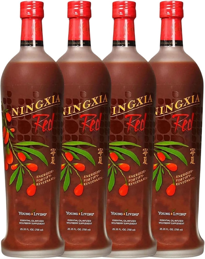 Ung Living NingXia Rød Antioksidant Drikke ® 25.35 fl oz | Superfrukt Supplement med Wolfberry, Blåbær, Pomegranat, Oransje, sitron & Yuzu Essential Olier ® 4 Pack
