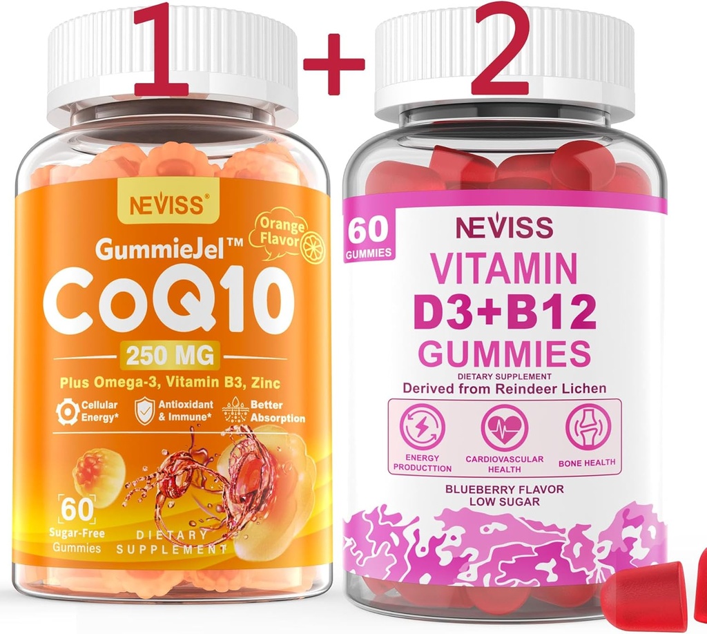 NEVISS Sukkerfri CoQ10-250mg Fyllet Gummies, 60Cts + Vegansk Vitamin D3 5000IU & Metyl B12 1000mcg Gummies, 120Cts