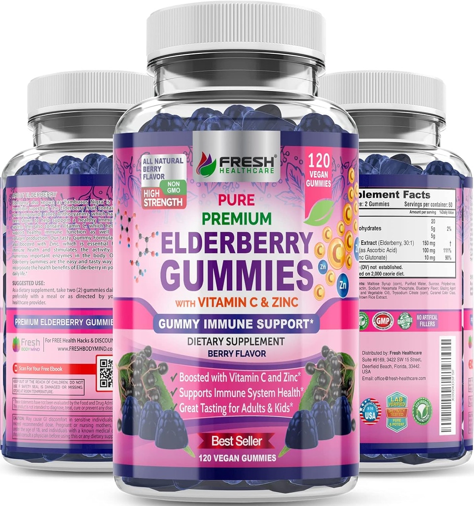 FRESH HealthyCARE Elderberry Gummies med vitamin C, sink & Sambucus Elderberry 30:1 Ekstrakt - 100% vegansk - Immunstøtte for voksne og barn - 120 Count Gummy Supplement