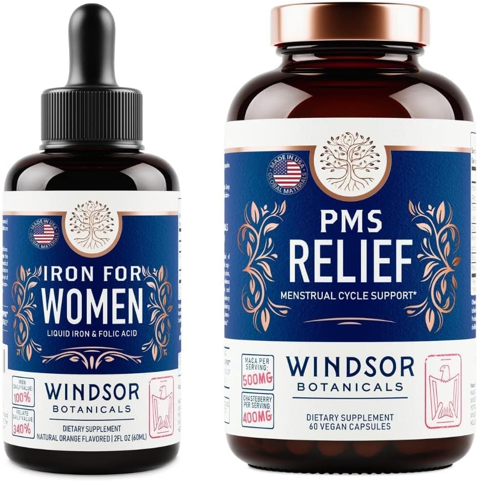 WINDSOR BOTANICALS Væske jern og PMS Relief Kapsler Kvinners Bundle