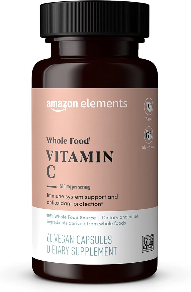 Elementer - Hele maten vitamin C, 95% Hele matkilden, Dietary og andre ingredienser avledet fra hele matvarer, Ikke-GMO-verifiserte ingredienser, vegansk sertifisert og glutenfri, 60 kapsler
