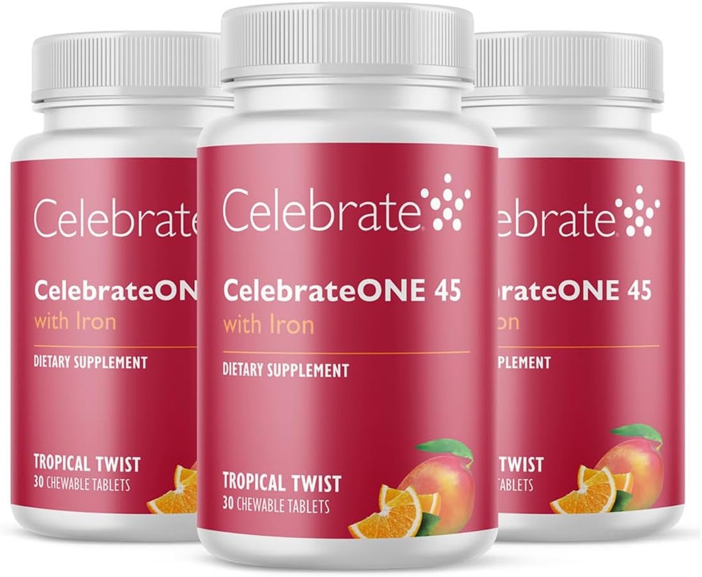 Kjenne vitaminer CelebrateONE 45 Chewables, 45mg jern - En gang daglig Bariatric Multivitamin, essensielle vitaminer og mineraler - Gastrisk Bypass & Erme Gastektomi Supplement - Tropical (90 tabletter)