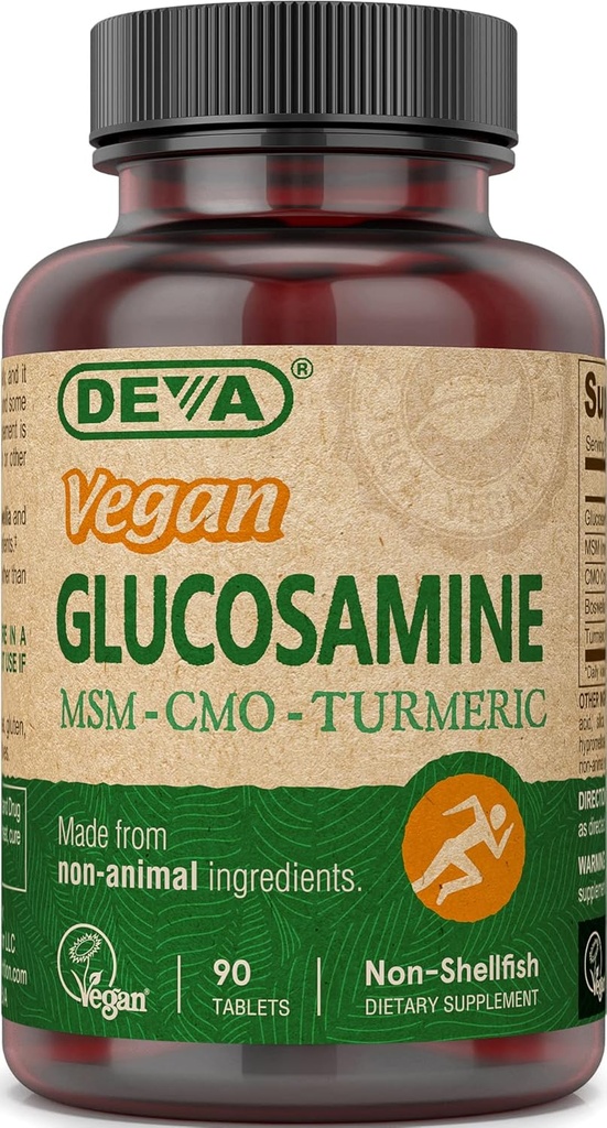 DEVA Vegansk Glukosamin MSM & CMO, CMO, Turmerisk ekstrakt, Boswellia ekstrakt med ikke-dyr ingredienser, 90 tabletter