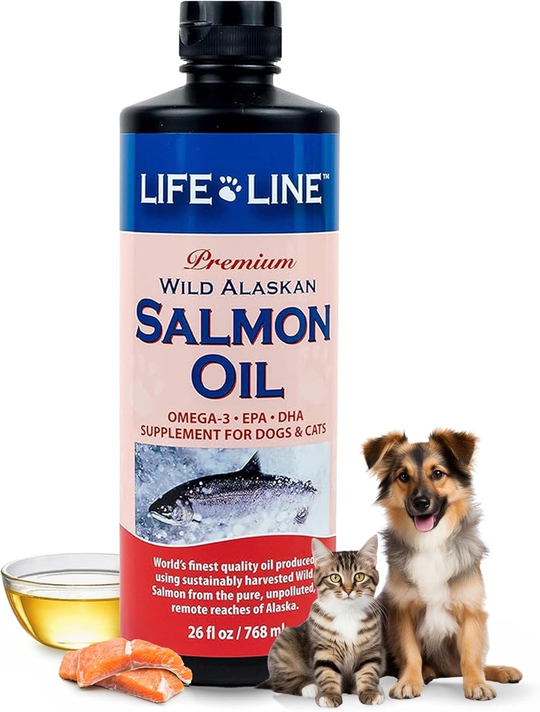 Life Line Wild Alaskan Salmon Oil Omega-3 Supplement for hunder og katter DHA & EPA for sunn hud, Coat, hjerne og hjerte – 26 oz