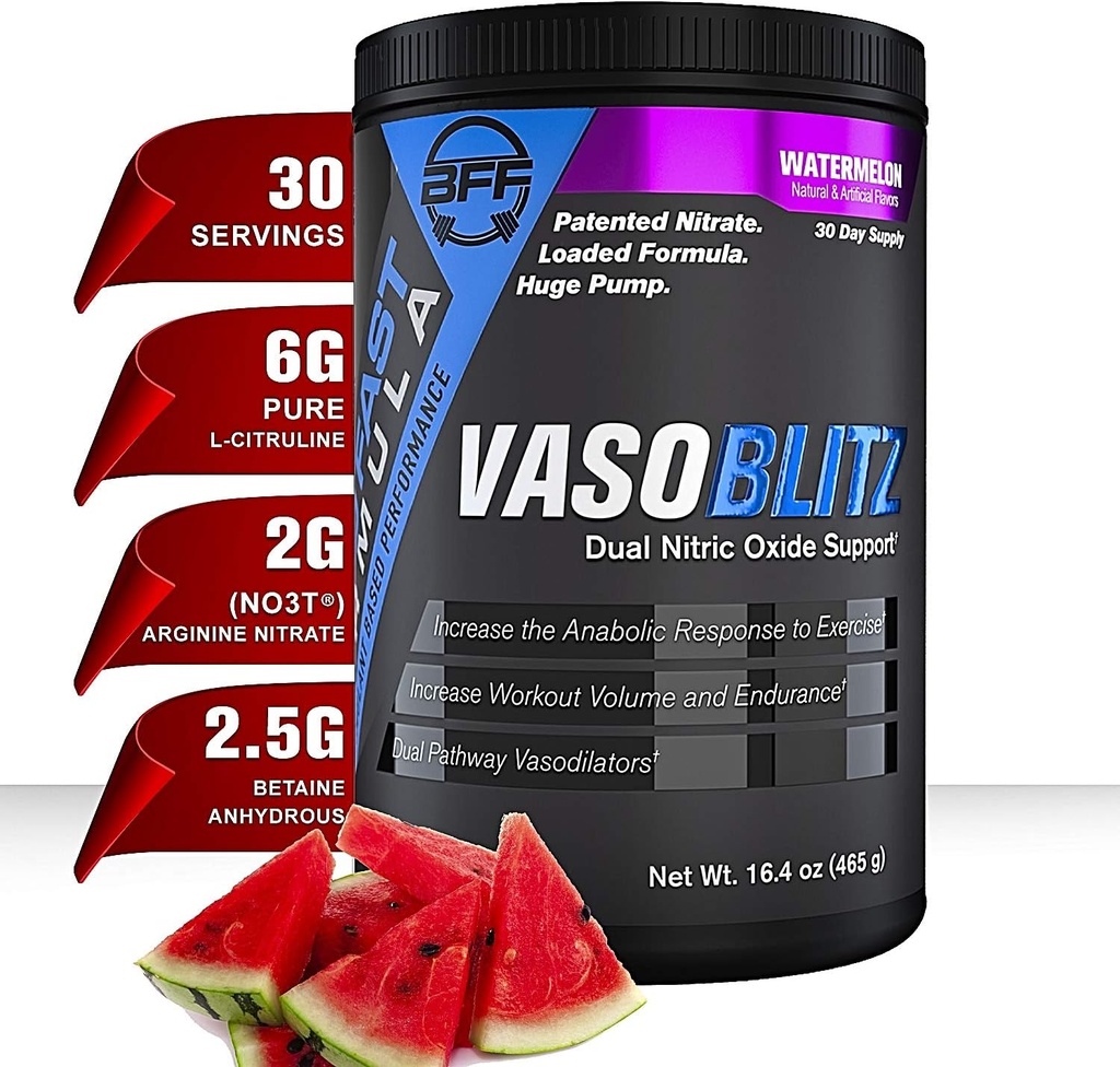 VASOBLITZ Award vinnende dual nitric oksid pre trening med NO3T Arginine nitrat, L-Citrullin,Betaine anhydrous,calcium lactate, Caffeine gratis for muskulær utholdenhet (30 servering) (vannmelon)