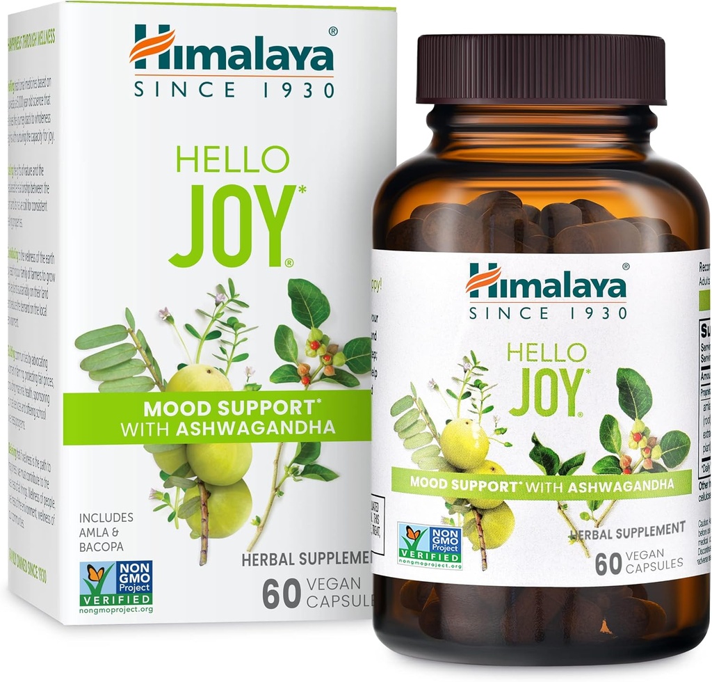Himalaya Hello Joy Herbal Supplement, med Ashwagandha, Amla, Bacopa, Holy Basil / Tulsi, Positiv Outlook, Støtter Motivasjon, Stress Relief, Balanced Cortisol, Non-GMO, Vegansk, 60 kapsler
