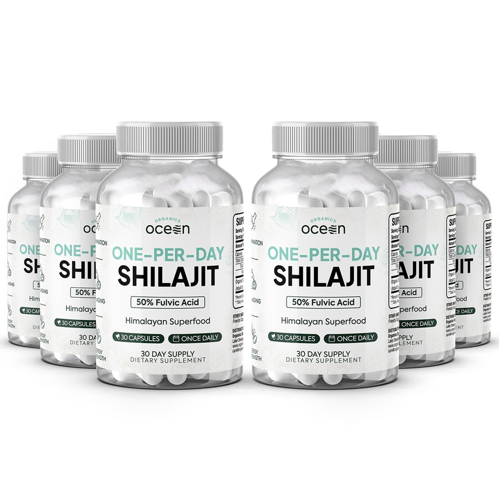 Organics Ocean One-Per-Day Shilajit for menn og kvinner - Naturlig og Potent Shilajit Supplement for aldersbestemt, bein styrke, hormon støtte og mer - 6 flasker Shilajit Kapsler
