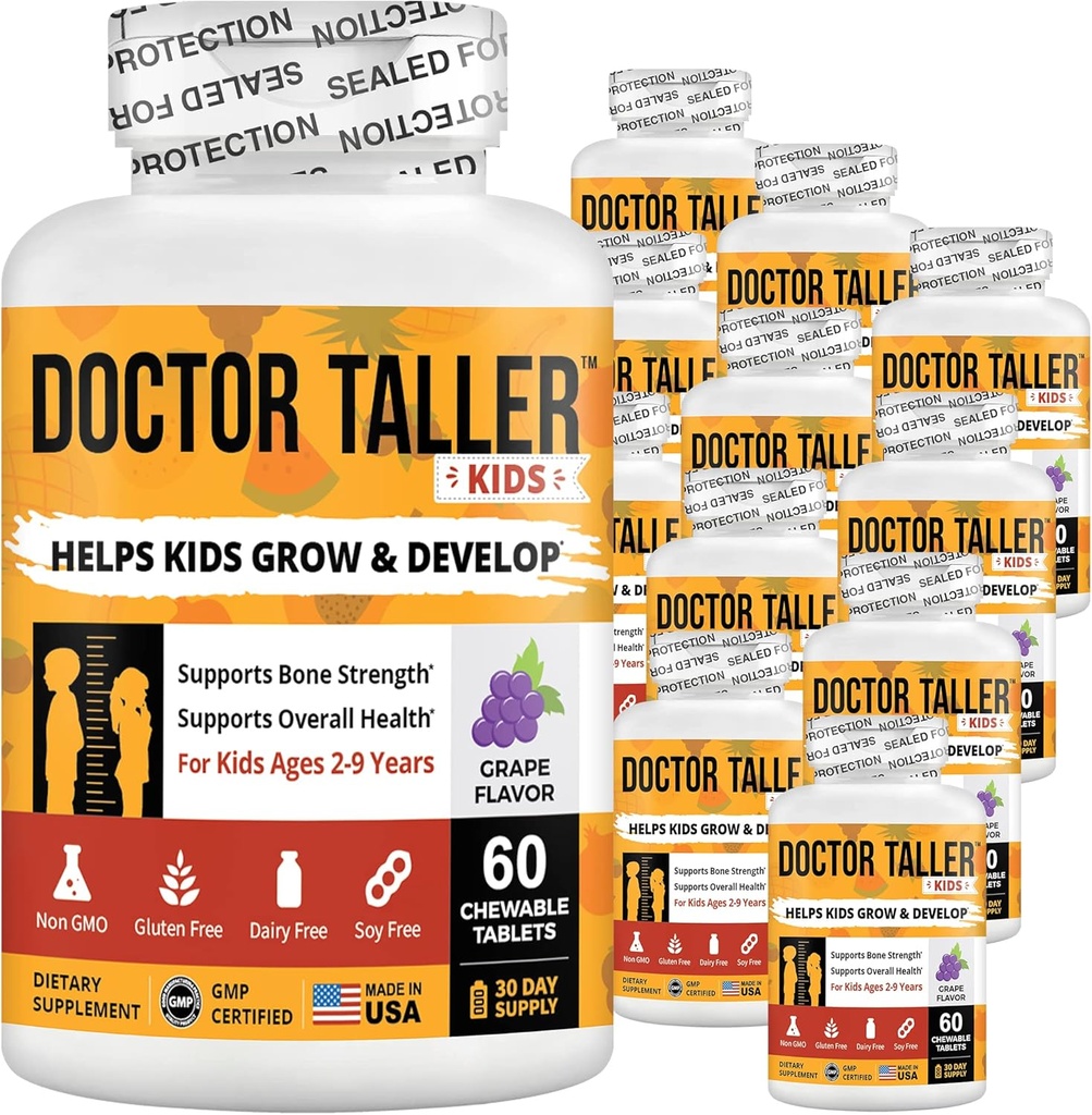 NuBest Doctor Taller Kids med multivitaminer, Multimineral, Kalsium Chewable Tabletter, Kalsium Supplement for barn alder 2 til 9 - Grape Flavor - Hjelper barn sunn - 12 Pack